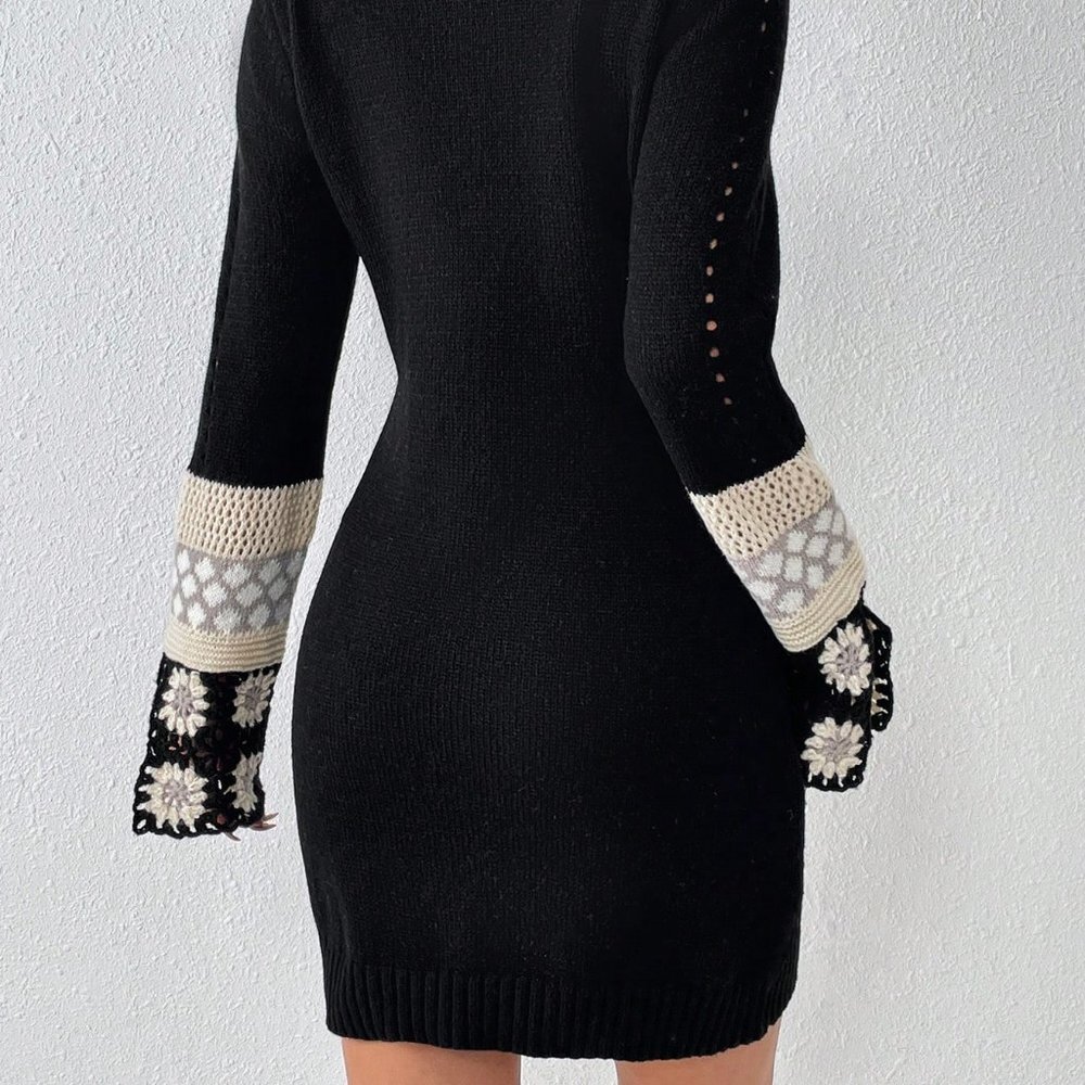 Black Preppy Womens Floral Crochet Turtle Neck Trumpet Sleeve Sweater Dress - Picture 3 of 5